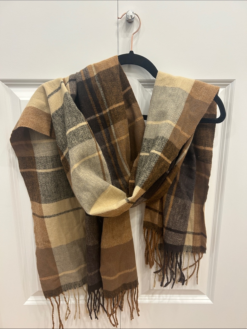 Brown & Cream Plaid Fringe Scarf
